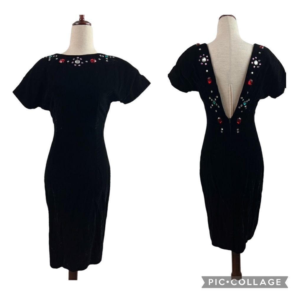 Vintage 80s Datiani Velvet Jeweled Open Back Black Dress